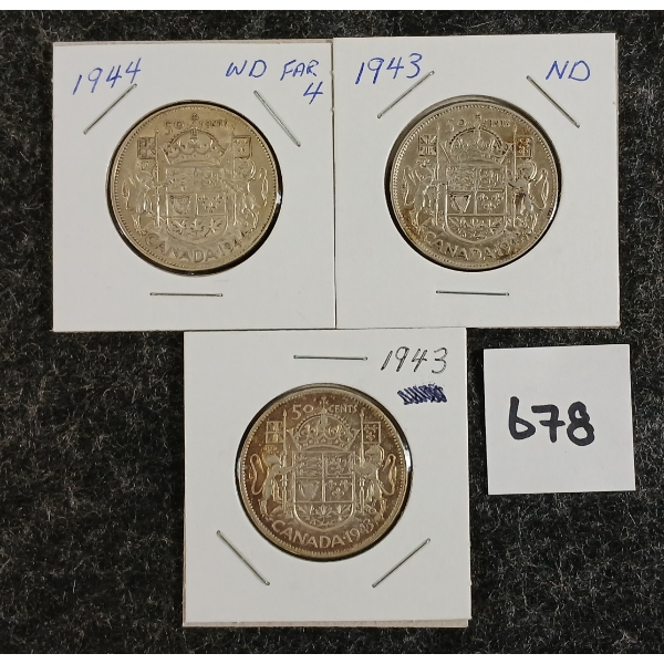 LOT OF 3 - 1943 & 1944 50 CENT SILVER COINS