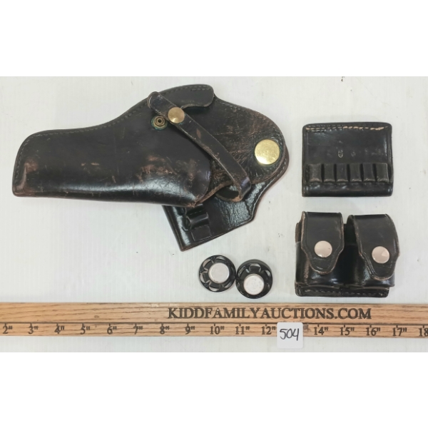 LOT OF 3 - BUCHEIMER LEATHER POLICE HANDGUN HOLSTER, SPEEDLOADER & DON HUME AMMO POUCH