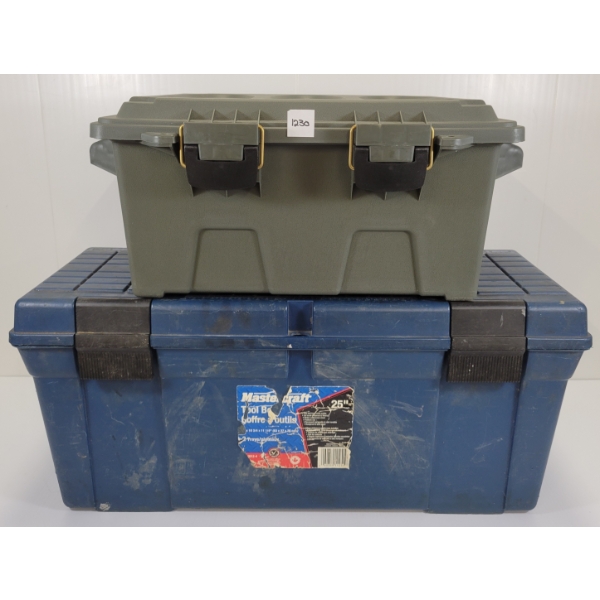 LOT OF 2 - AMMO BOX & TOOLBOX W/ .50 BLACK POWDER SUPPLIES - INCL BORE BUTTER, GOEX FFG POWDER, ETC 