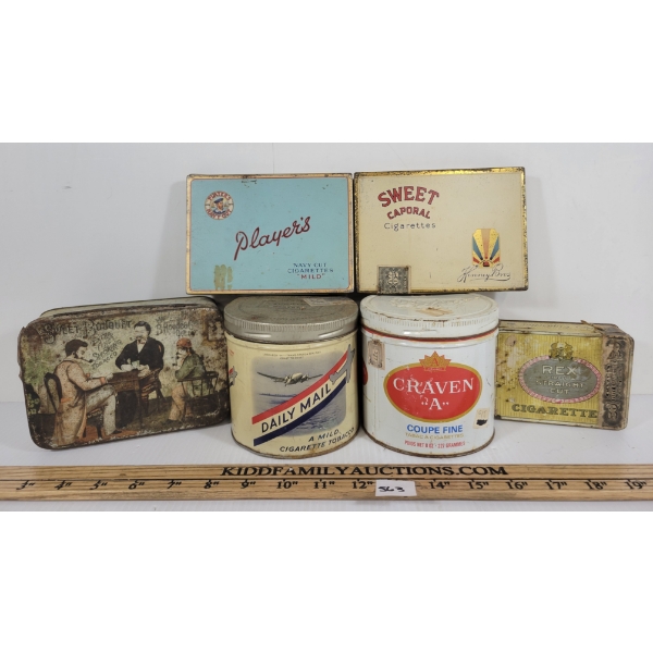 LOT OF 6 - MISC TOBACCO & CIGARETTE TINS - INCL SWEET CAPORAL & DAILY MAIL, ETC.