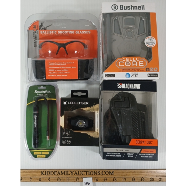 LOT OF 5 - BUSHNELL CELLU CORE TRAIL CAMERA, BLACK HAWK COLT 1911 HOLSTER, ETC