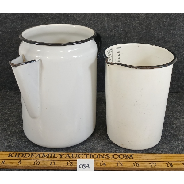 LOT OF 2 - ENAMEL COFFE POT & MEASURING PITCHER