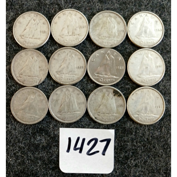 LOT OF 12 - 1950-1968 CDN 10 CENT COINS