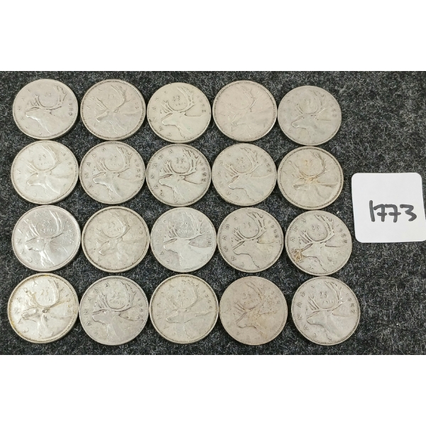 LOT OF 20 - 1940-1965 CDN SILVER 25 CENT COINS