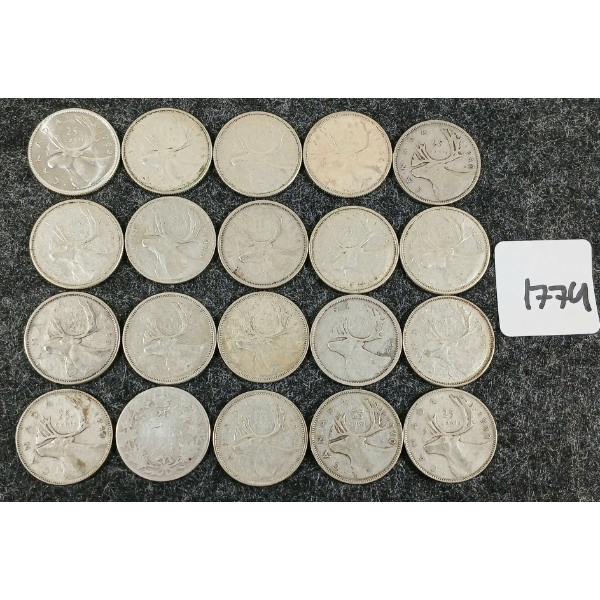 LOT OF 20 - 1949-1960 CDN SILVER 25 CENT COINS
