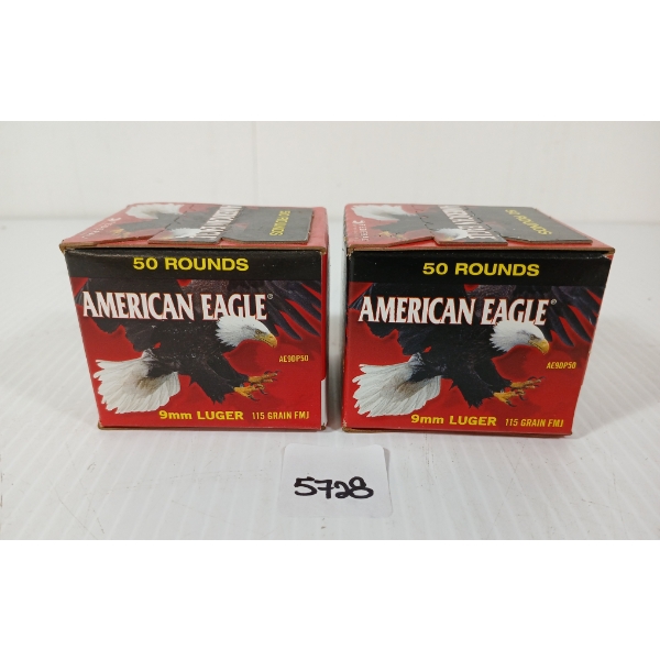 AMMO: 100X FEDERAL AMERICAN EAGLE 9MM LUGER - 115GR - FMJ