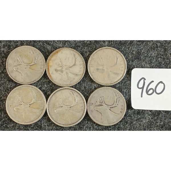 LOT OF 6 - 1945-1959 CDN 25 CENT COINS