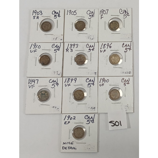 LOT OF 10 - CDN 5 CENT SILVER PCS - INCL 1893, 1896 & 1897 ETC