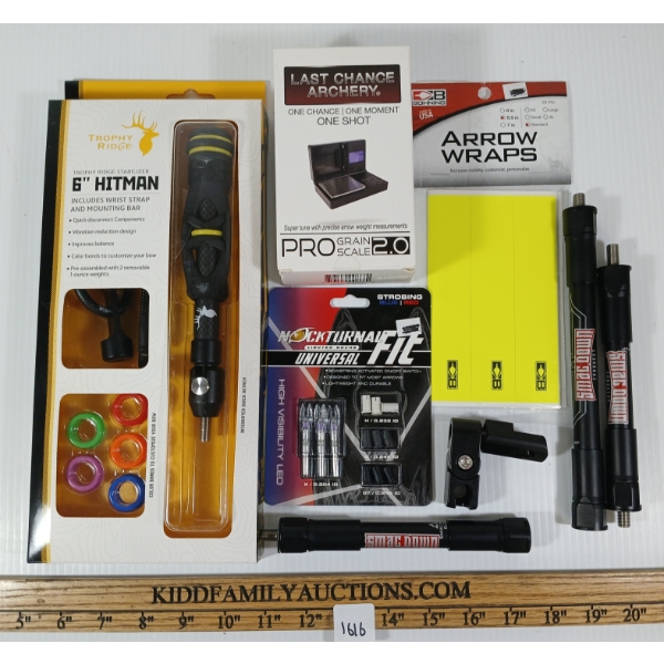 LOT OF 6 - TROPHY RIDGE 6IN HITMAN STABILIZER, SMAC DOWN 625 KIT, LIGHTED NOCKS, ETC