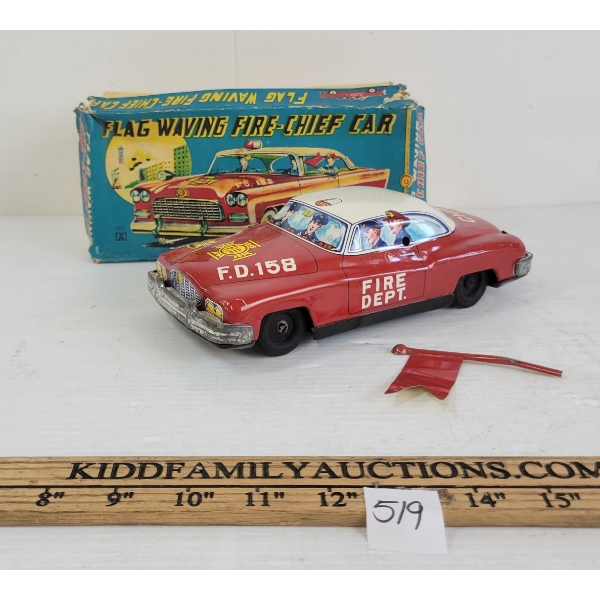 MASUYA TIN FRICTION FLAG WAVING FIRE-CHIEF CAR