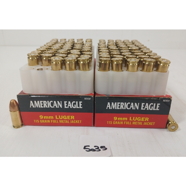 AMMO: 100X AMERICAN EAGLE 9MM LUGER - 115GR - FMJ 