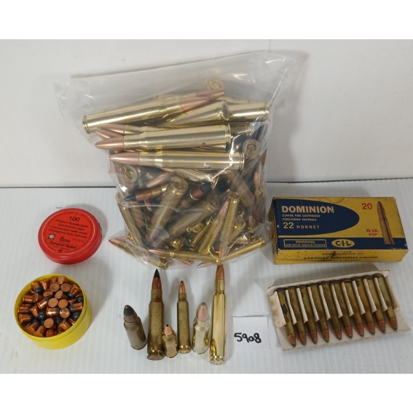 AMMO / CAPS: QTY OF MIXED RNDS - INCL .30-06 SPRG, .223 REM, ETC / 100X6MM BREECH CAPS