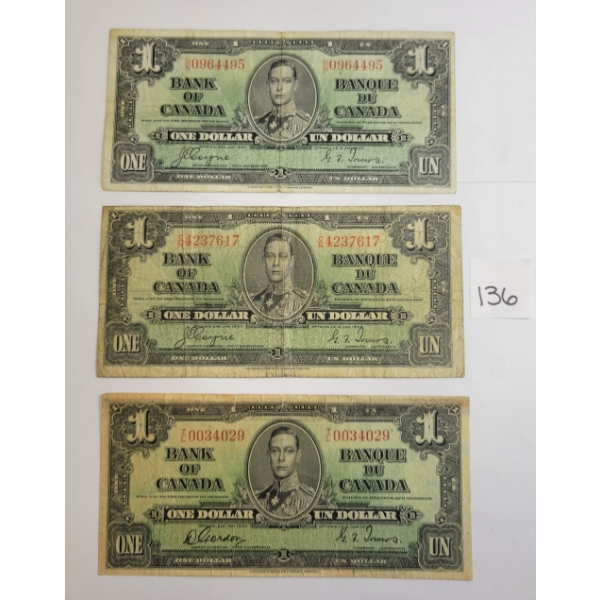 LOT OF 3 - 1937 CDN $1 BANKNOTES