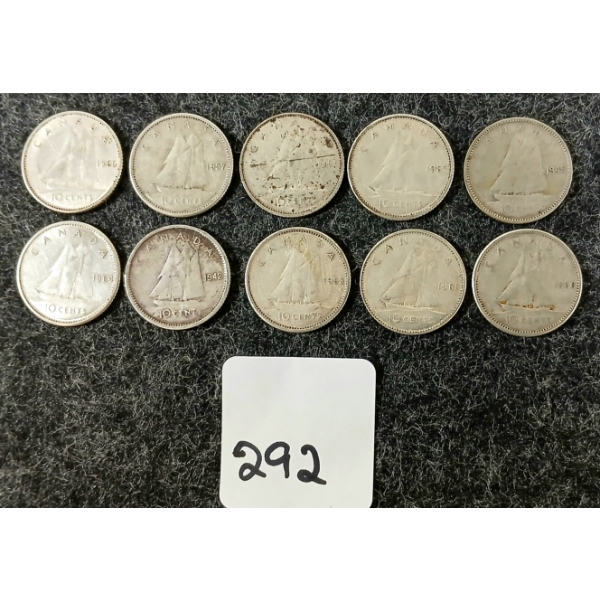 LOT OF 10 - 1945-1960 CDN 10 CENT COINS