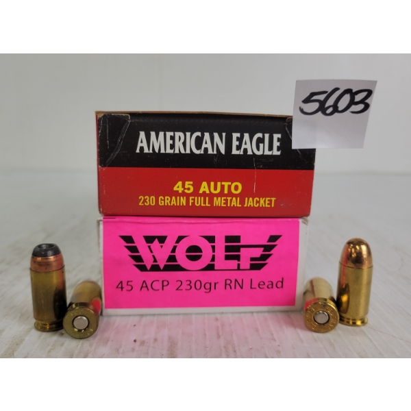 AMMO: 100X AMERICAN EAGLE & WOLF .45AUTO & ACP - 230GR - FMJ & SJHP
