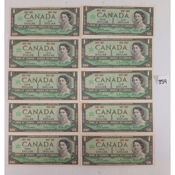 LOT OF 10 - 1967 CDN $1 BANKNOTES - NO SERIAL NUMBERS