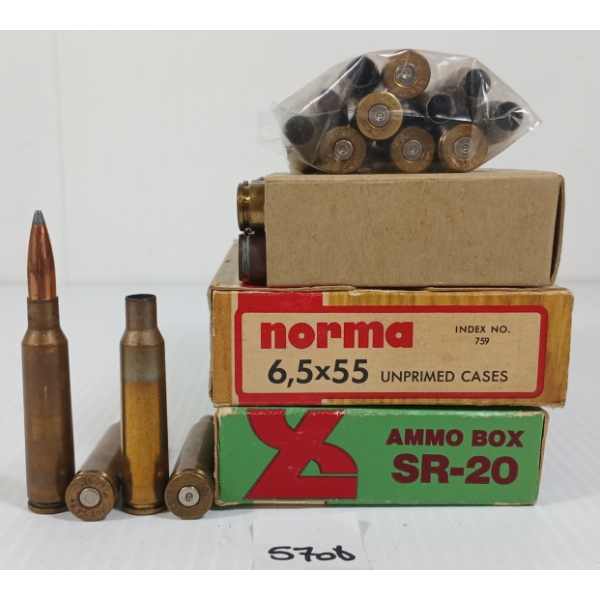AMMO / BRASS: 3X MIXED 6.5X55 - LIVE - 54X BRASS
