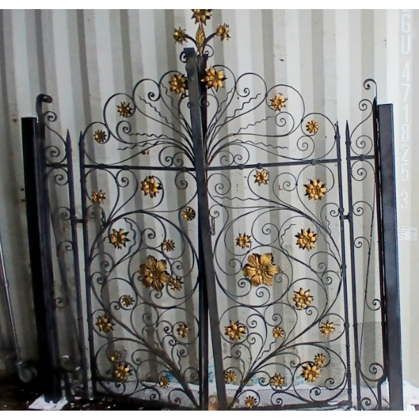 PAIR OF WROUGHT IRON LANEWAY GATES W/ GOLD FLORAL MOTIFS