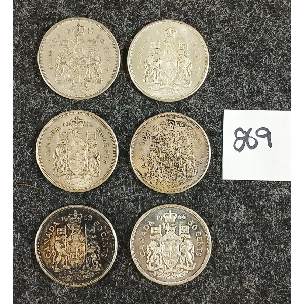 LOT OF 6 - 1953-1966 CDN 50 CENT SILVER COINS