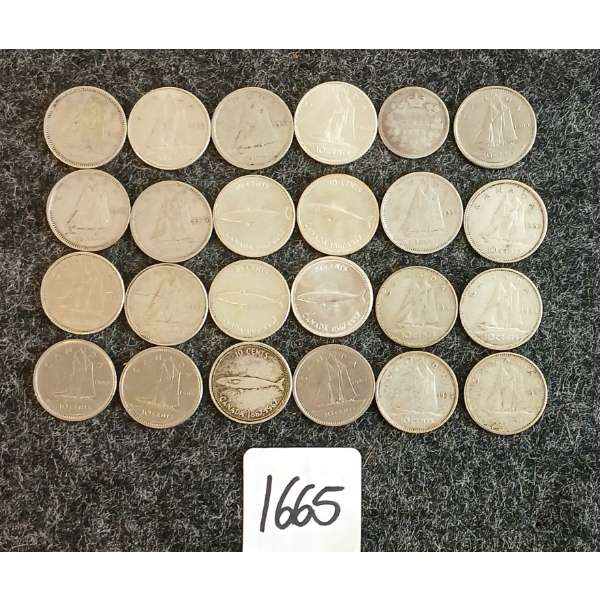 LOT OF 24 - 1943-1969 CDN 10 CENT COINS & 1898 5 CENT COIN
