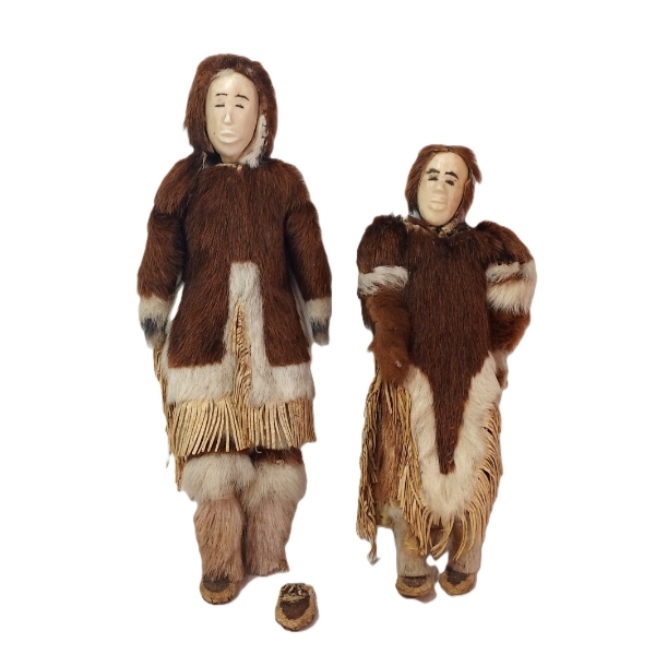 LOT OF 2 - MAN & WOMAN BY UNKNOWN ARTIST - ANTLER, FUR & SINEW