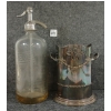 ZARROW BOTTLING WORKS - CLEAR ACID-ETCHED - SELTZER BOTTLE W/ BOURNISHED METAL HOLDER