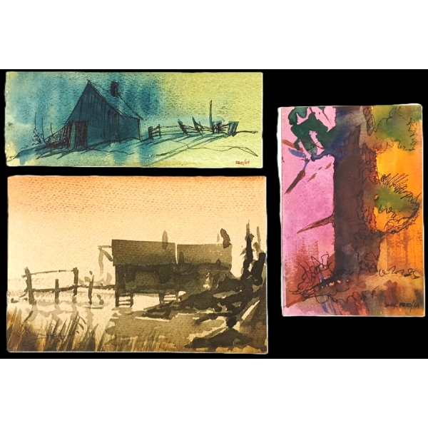 LOT OF 3 - "OLD SHED," "TREE" & "MORNING CALM" BY JACK HENRY REID - WATERCOLOUR ON PAPER