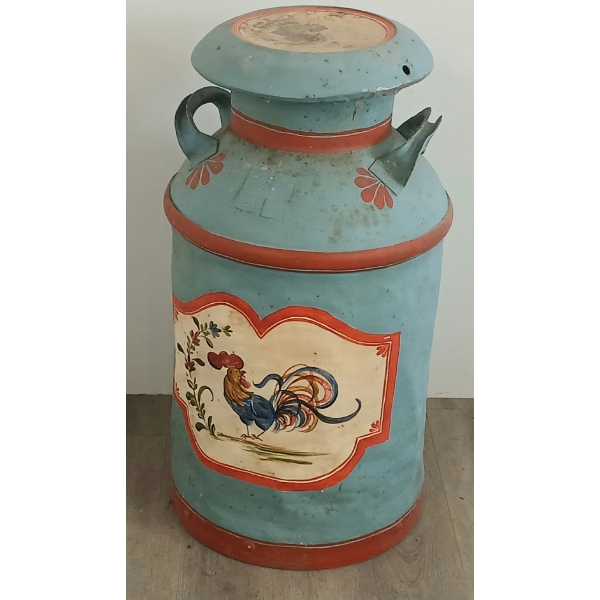 HAND PAINTED ROOSTER MOTIF MILK CAN W/ LID