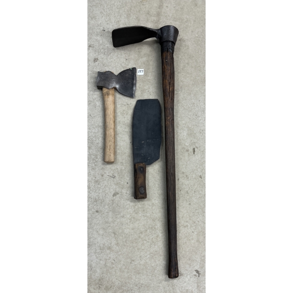 LOT OF 3 - FORGED CLEAVER, ADZE & HATCHET