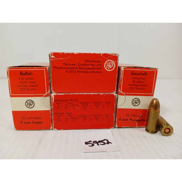 AMMO: 100X HIRTENBERG 9MM LUGER - 123GR - FJR