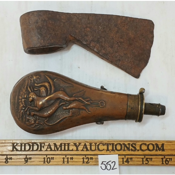 LOT OF 2 - ENGLISH TRADE AXE HEAD & BRASS & COPPER POWDER FLASK