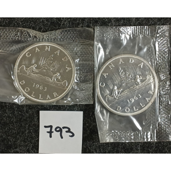 LOT OF 2 - 1963 CDN VOYAGEUR SILVER DOLLAR COINS 