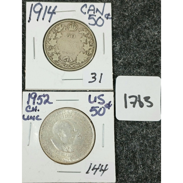 LOT OF 2 - 1914 & 1952 CDN SILVER 50 CENT COINS