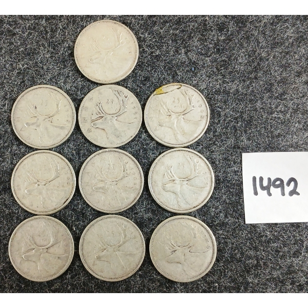 LOT OF 10 - 1956-1965 CDN 25 CENT SILVER COINS