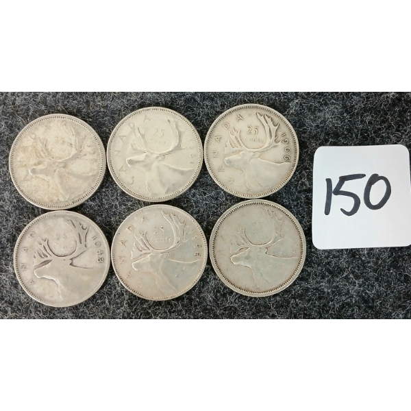 LOT OF 6 - 1943, 1944, 1961, 1965, 1966 CDN 25 CENT COINS