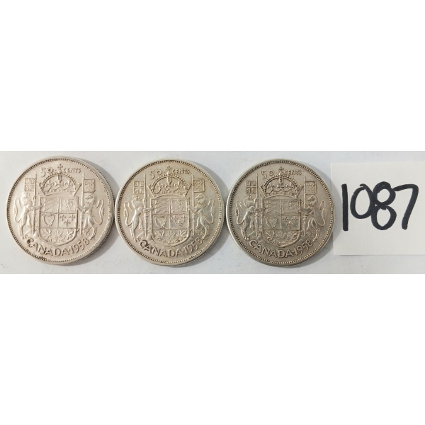 LOT OF 3 - 1958 CDN 50 CENT SILVER COINS