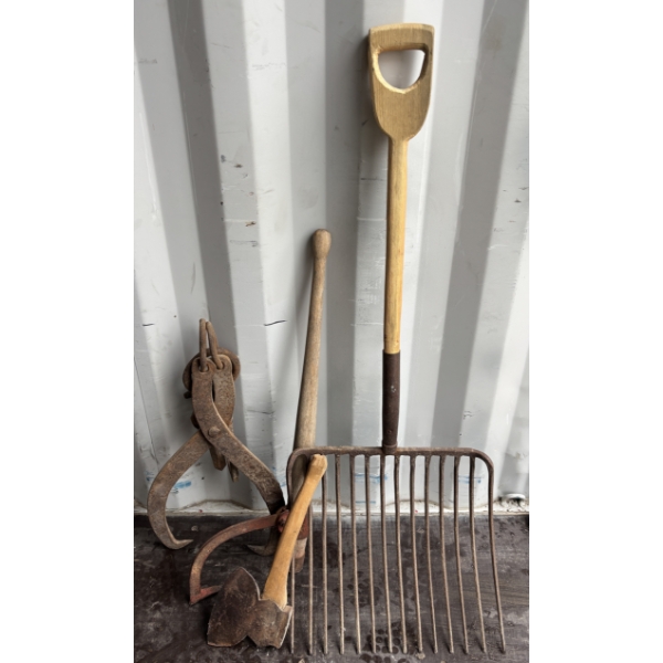 LOT OF 4 - VINTAGE TOOLS - CANT HOOK, BROAD AXE ETC.