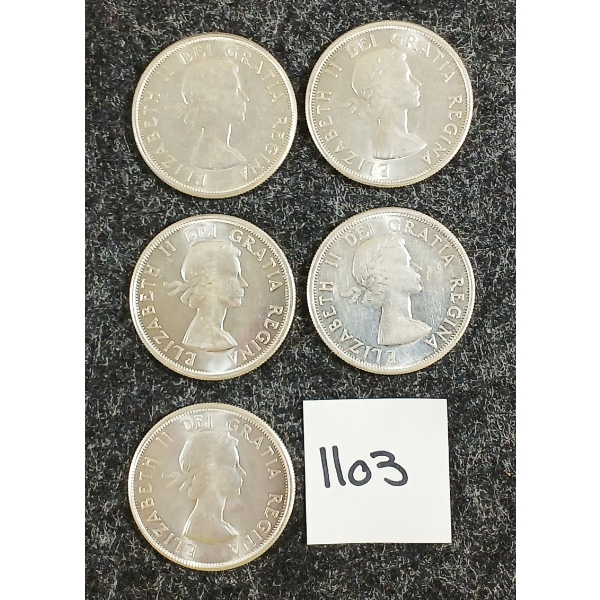 LOT OF 5 - 1962 CDN 50 CENT SILVER COINS