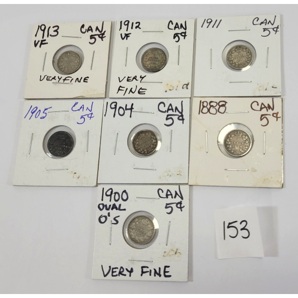 LOT OF 7 - CDN 5 CENT SILVER COINS - INCL 1888. 1900, 1904 & 1905