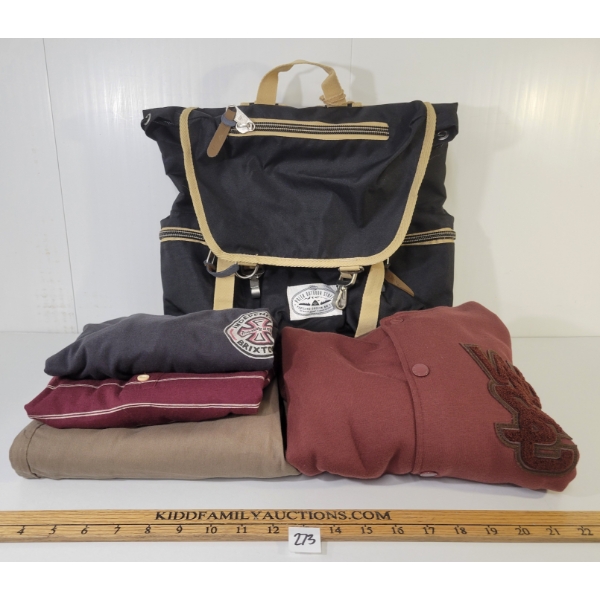 LOT OF 5 - MEN'S BRIXTON T-SHIRTS, LIFETIME CHINO PANTS, WESC BASEBALL JACKET & POLER ROAMERS PACK