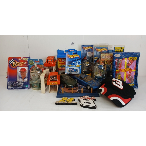 JOB LOT - RACE CAR & HOT WHEELS COLLECTIBLES - INCL GARAGE, HAT, DIECAST MODELS, VIDEO PACKS, ETC