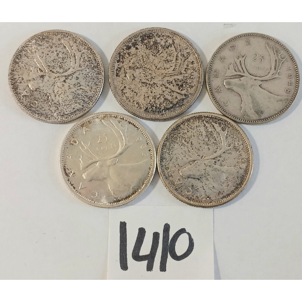 LOT OF 5 - 1948-1964 CDN 25 CENT SILVER COINS