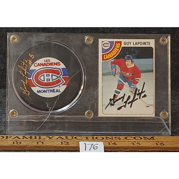 1977-1978 OPC NHL MONTREAL CANADIENS GUY LAPOINTE HOCKEY CARD & PUCK - AUTOGRAOHED