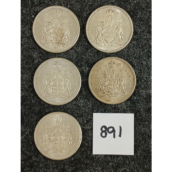 LOT OF 5 - 1965-1966 CDN 50 CENT SILVER COINS