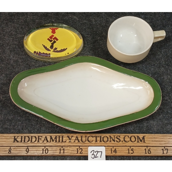 LOT OF 3 - 1939 & 1941 GERMAN PORCELAIN BOWL & CUP & GLASS PAPERWEIGHT