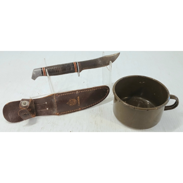 LOT OF 2 - 1945 BRITISH ENAMEL CUP & CDN BOY SCOUTS KNIFE W/ SHEATH