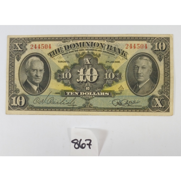 1938 THE DOMINION BANK $10 BANKNOTE