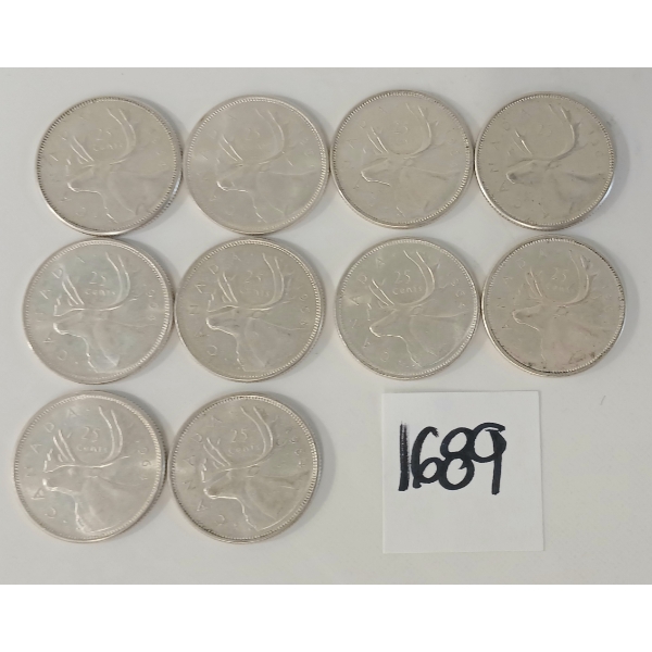 LOT OF 10 - 1964 CDN 25 CENT SILVER COINS