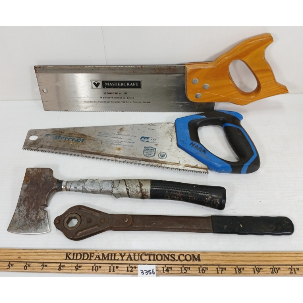 LOT OF 4 - HAND SAWS & CAMPING HATCHET, ETC.