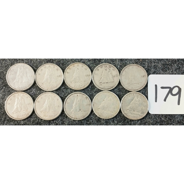 LOT OF 10 - 1940, 1953, 1958, 1961, 1963, 1964, 1965 CDN 10 CENT COINS